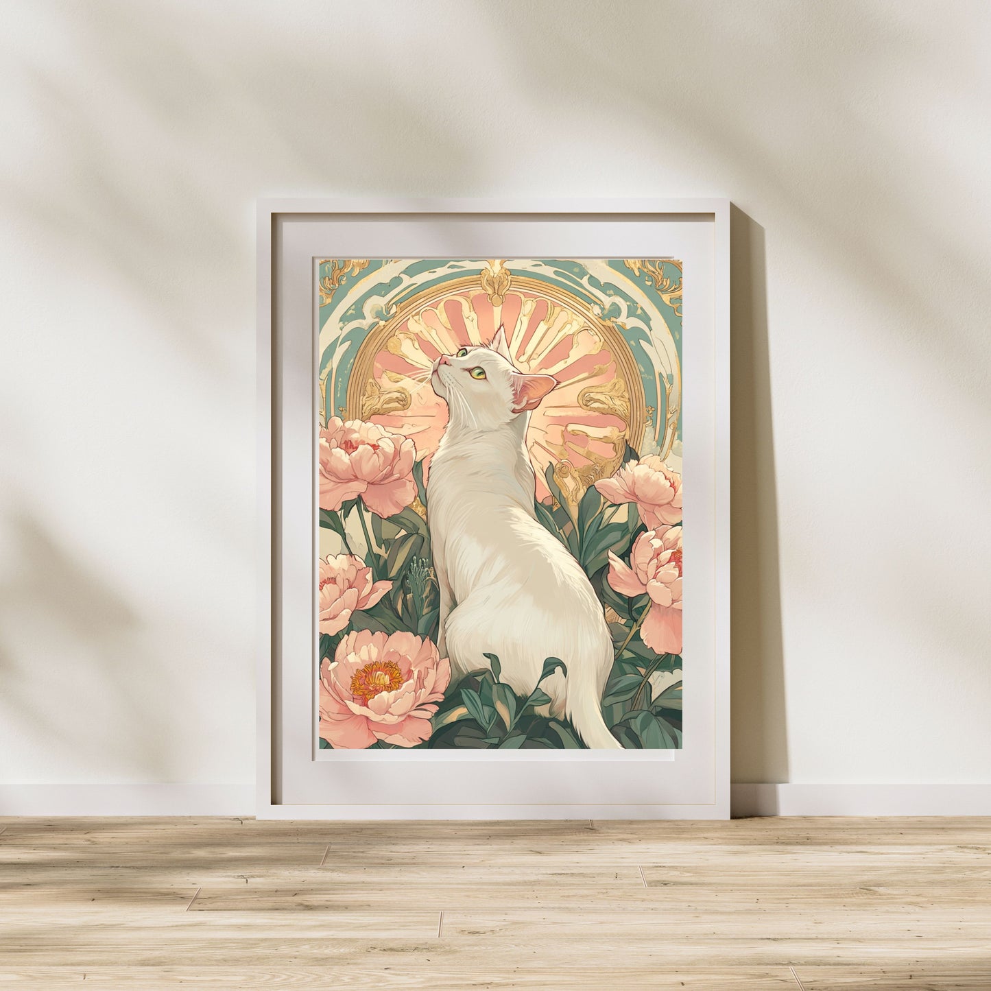 White cat art deco style poster 24"x36"
