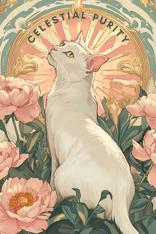 White cat art deco style poster 24"x36"